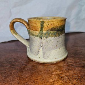 Studio Hand Made Stoneware Mug, Beige, brown peach, gray, green signed KH